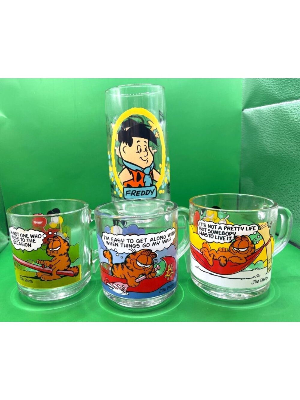 Vintage Garfield McDonalds Glass Mugs Lot Flintstones Freddy Glass 1978 1980s